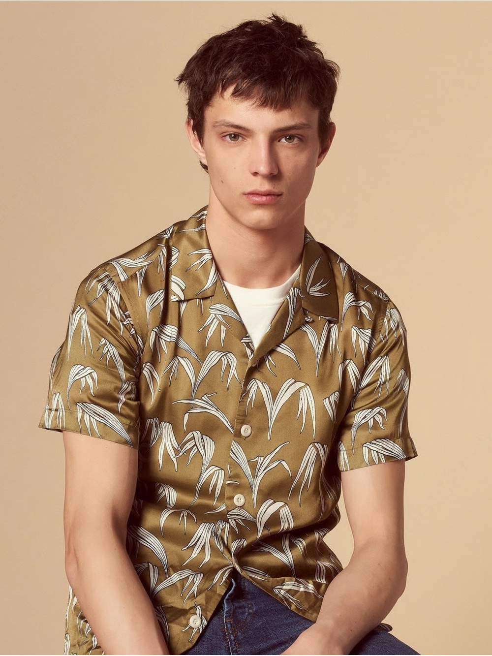 Sandro Paris brown white palm leaf print button down short sleeve shirt